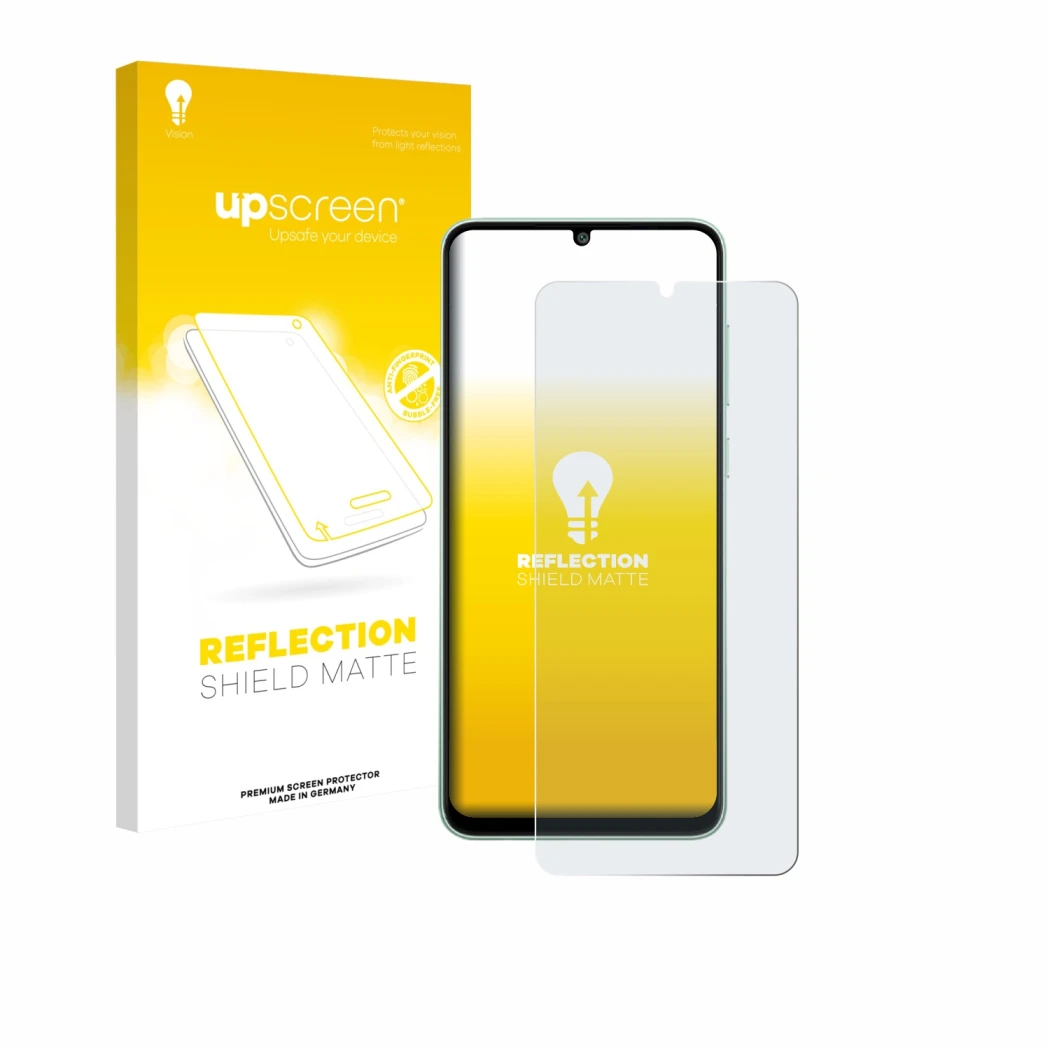 Parte frontale di una confezione del prodotto con il logo del marchio upscreen. Accanto è raffigurato il dispositivo Samsung G