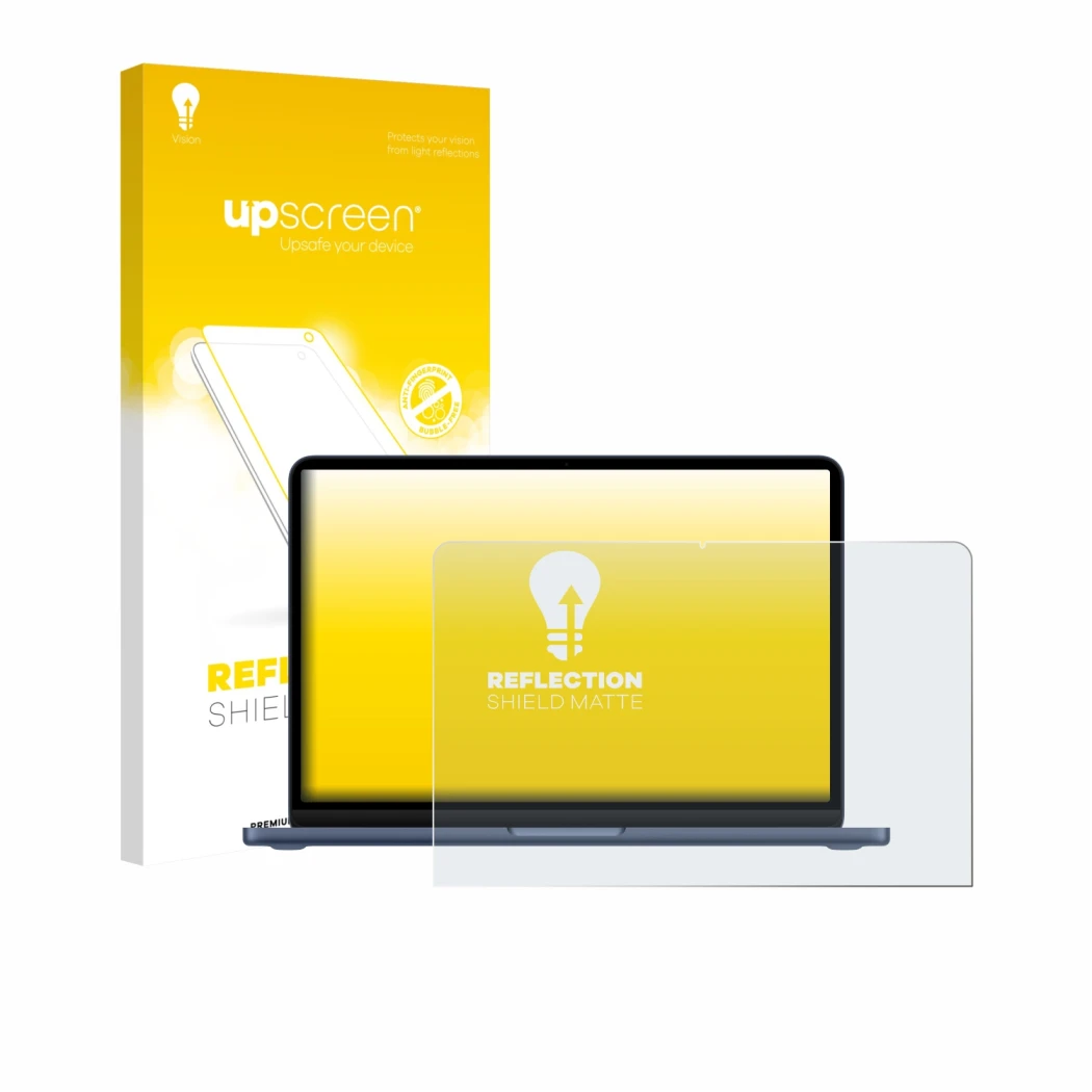 Parte frontale di una confezione del prodotto con il logo del marchio upscreen. Accanto è raffigurato il dispositivo Apple Mac