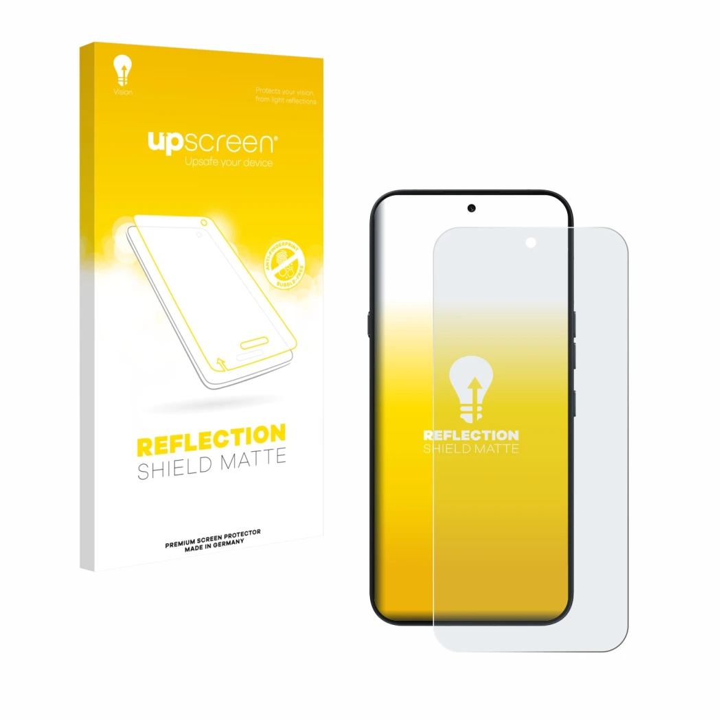Parte frontale di una confezione del prodotto con il logo del marchio upscreen. Accanto è raffigurato il dispositivo Nothing P