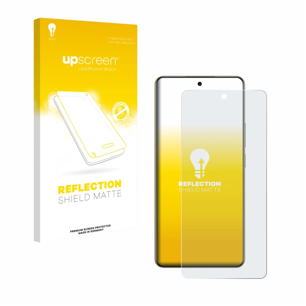 Parte frontale di una confezione del prodotto con il logo del marchio upscreen. Accanto è raffigurato il dispositivo realme 16