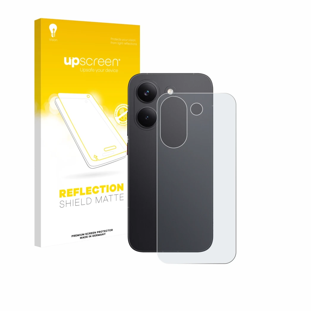 Parte frontale di una confezione del prodotto con il logo del marchio upscreen. Accanto è raffigurato il dispositivo Xiaomi Po