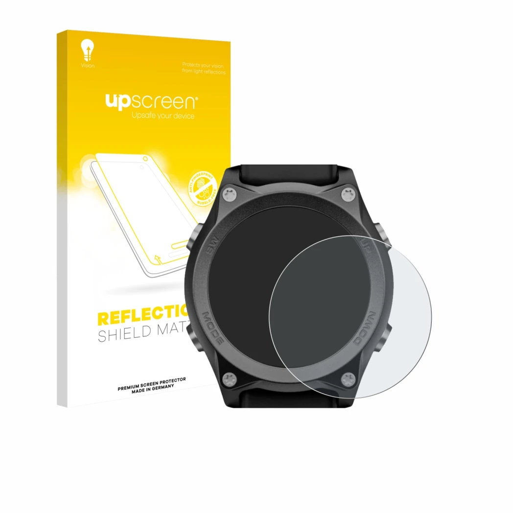 Parte frontale di una confezione del prodotto con il logo del marchio upscreen. Accanto è raffigurato il dispositivo Mares Sir