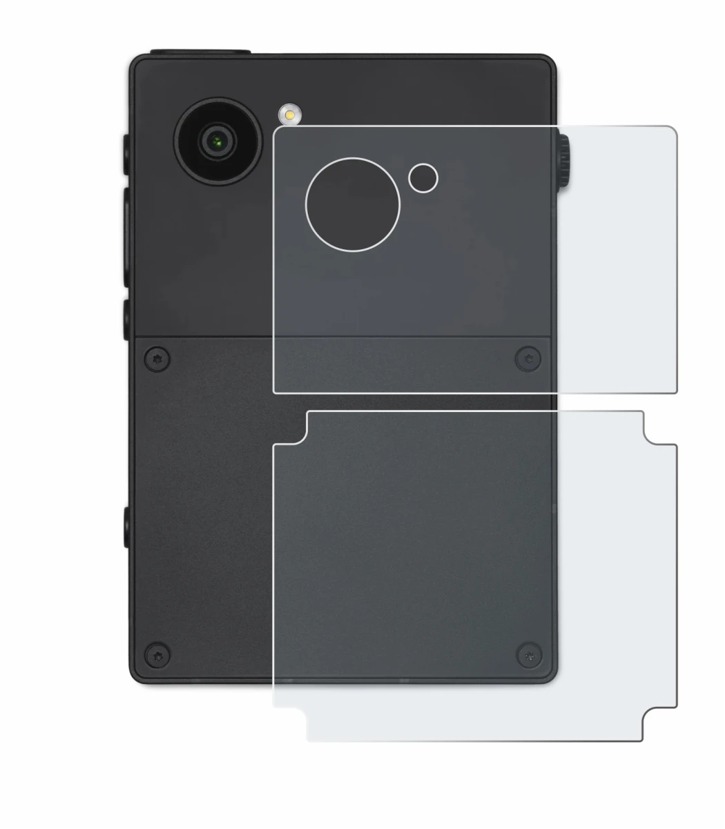 Immagine del dispositivo Light Phone 3 (Posteriore) con un'ampia varietà di protezioni per lo schermo.