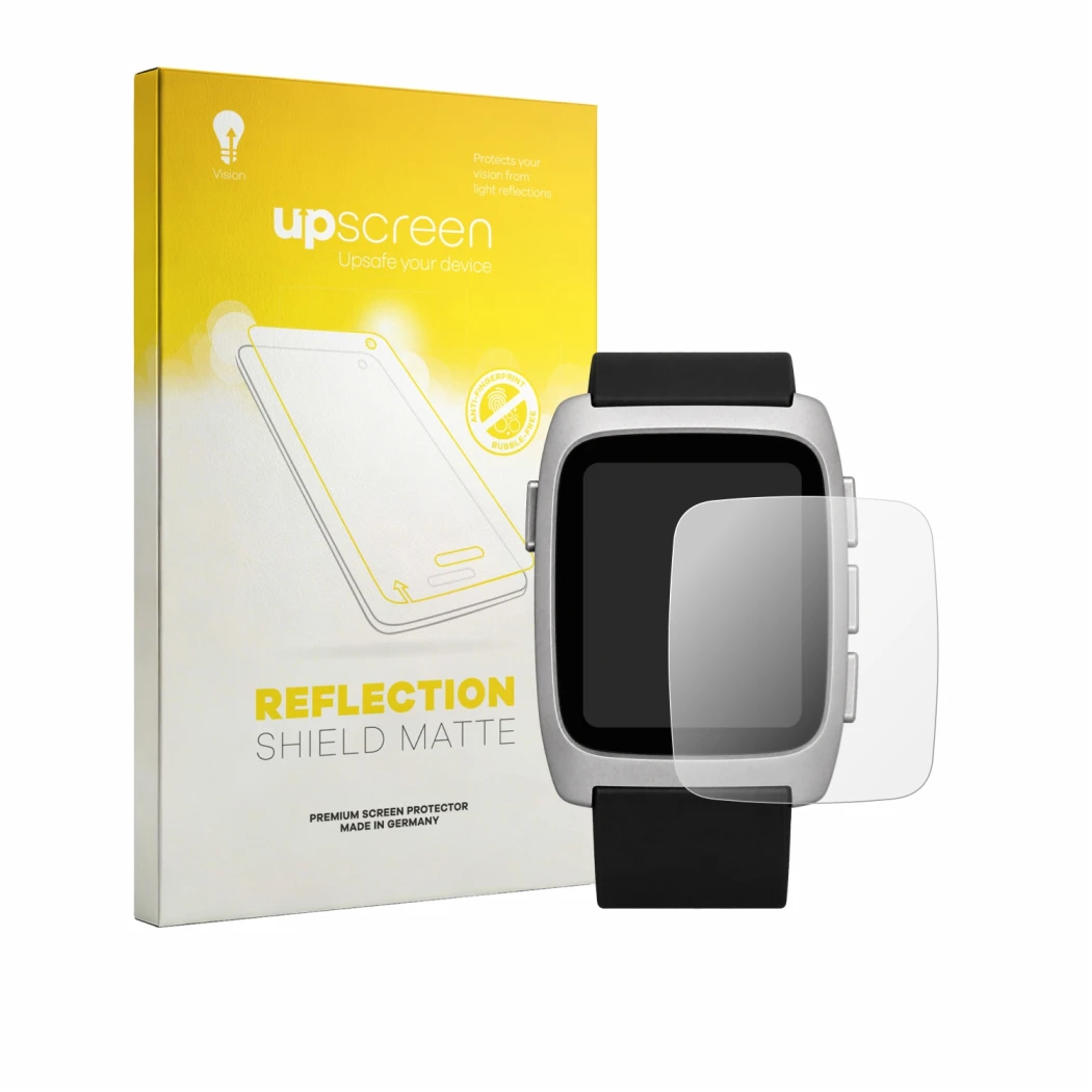 Parte frontale di una confezione del prodotto con il logo del marchio upscreen. Accanto è raffigurato il dispositivo Pebble Ti
