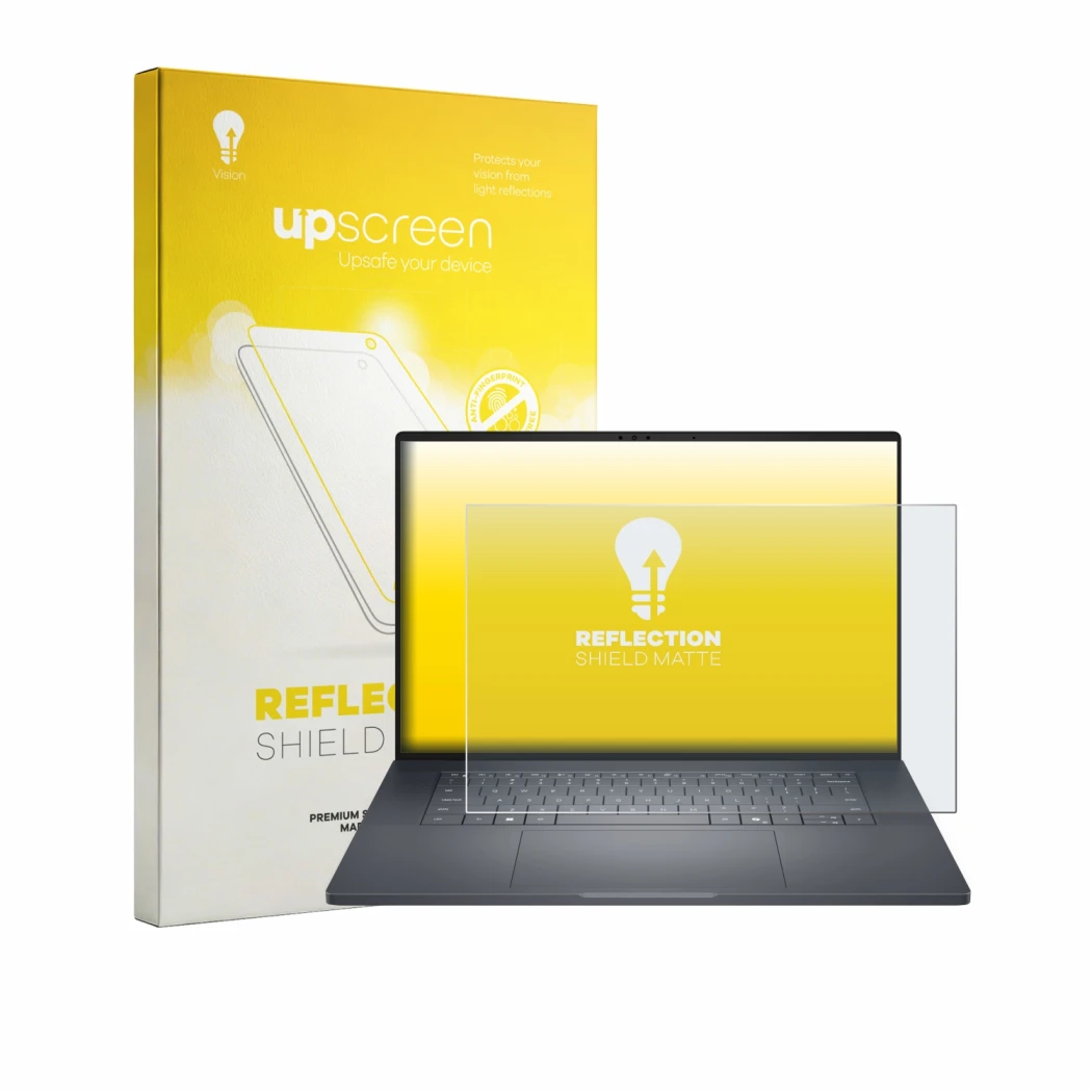 Parte frontale di una confezione del prodotto con il logo del marchio upscreen. Accanto è raffigurato il dispositivo Dell Pro