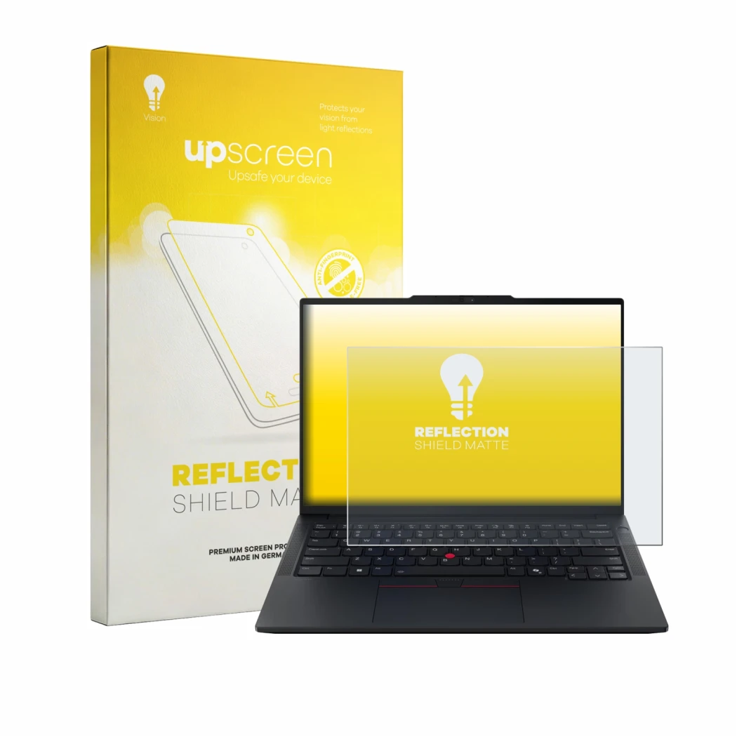 Parte frontale di una confezione del prodotto con il logo del marchio upscreen. Accanto è raffigurato il dispositivo Lenovo Th