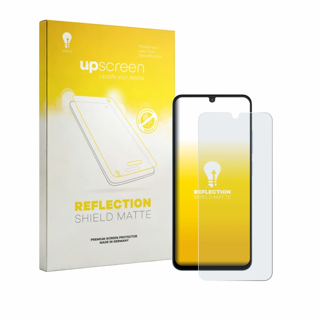 Parte frontale di una confezione del prodotto con il logo del marchio upscreen. Accanto è raffigurato il dispositivo Xiaomi Po