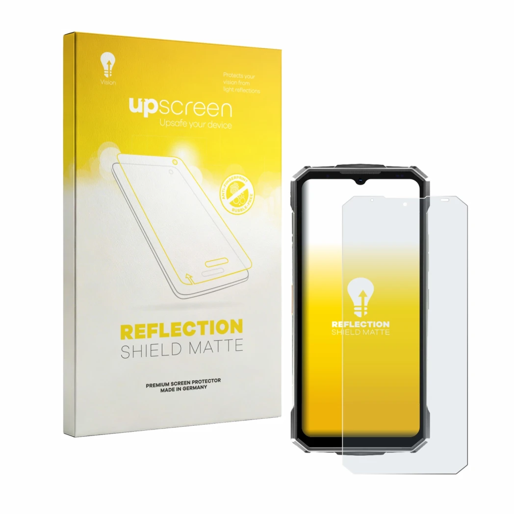 Parte frontale di una confezione del prodotto con il logo del marchio upscreen. Accanto è raffigurato il dispositivo Doogee Fi