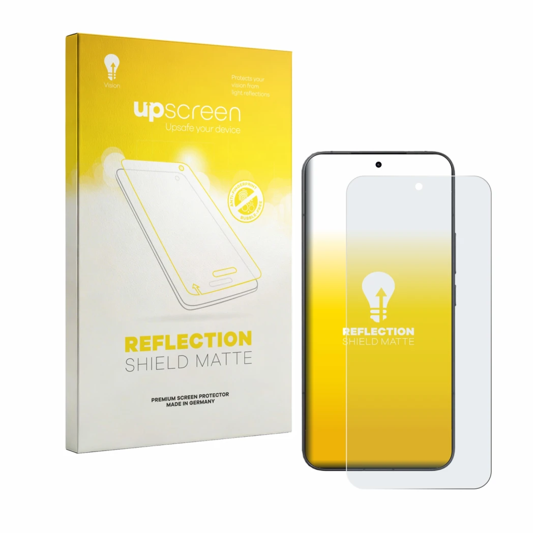Parte frontale di una confezione del prodotto con il logo del marchio upscreen. Accanto è raffigurato il dispositivo Xiaomi 17