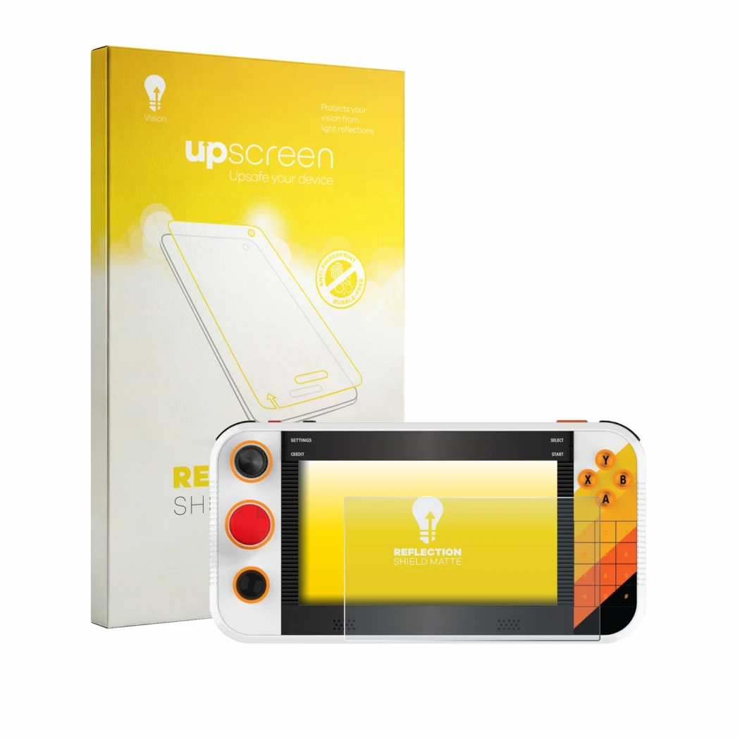 Parte frontale di una confezione del prodotto con il logo del marchio upscreen. Accanto è raffigurato il dispositivo My Arcade