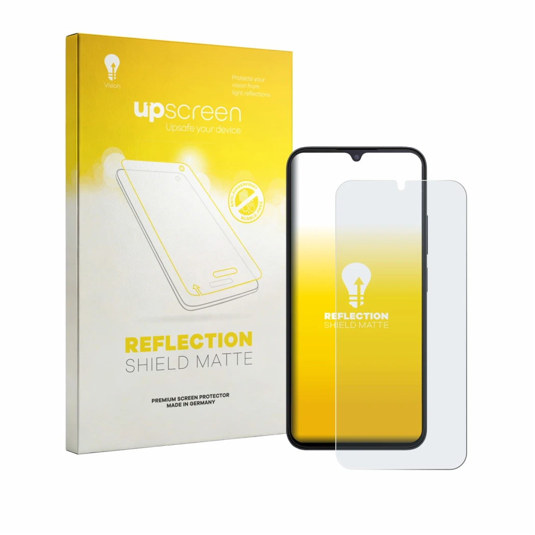 Parte frontale di una confezione del prodotto con il logo del marchio upscreen. Accanto è raffigurato il dispositivo Xiaomi Re