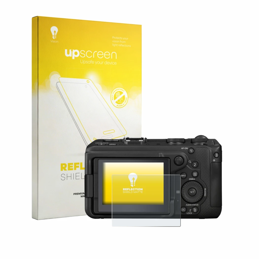 Parte frontale di una confezione del prodotto con il logo del marchio upscreen. Accanto è raffigurato il dispositivo Canon EOS