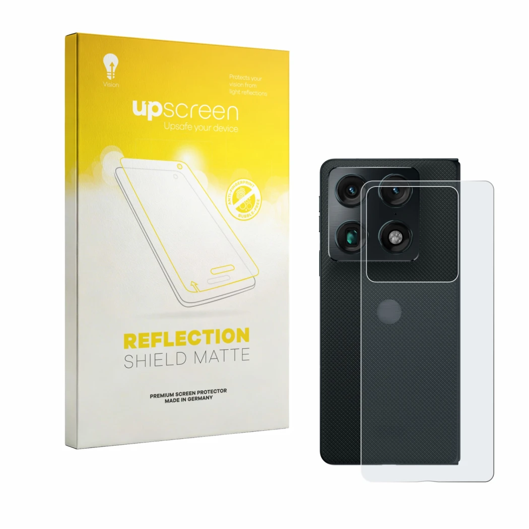 Parte frontale di una confezione del prodotto con il logo del marchio upscreen. Accanto è raffigurato il dispositivo Motorola 