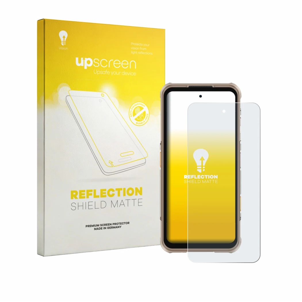Parte frontale di una confezione del prodotto con il logo del marchio upscreen. Accanto è raffigurato il dispositivo Ulefone R