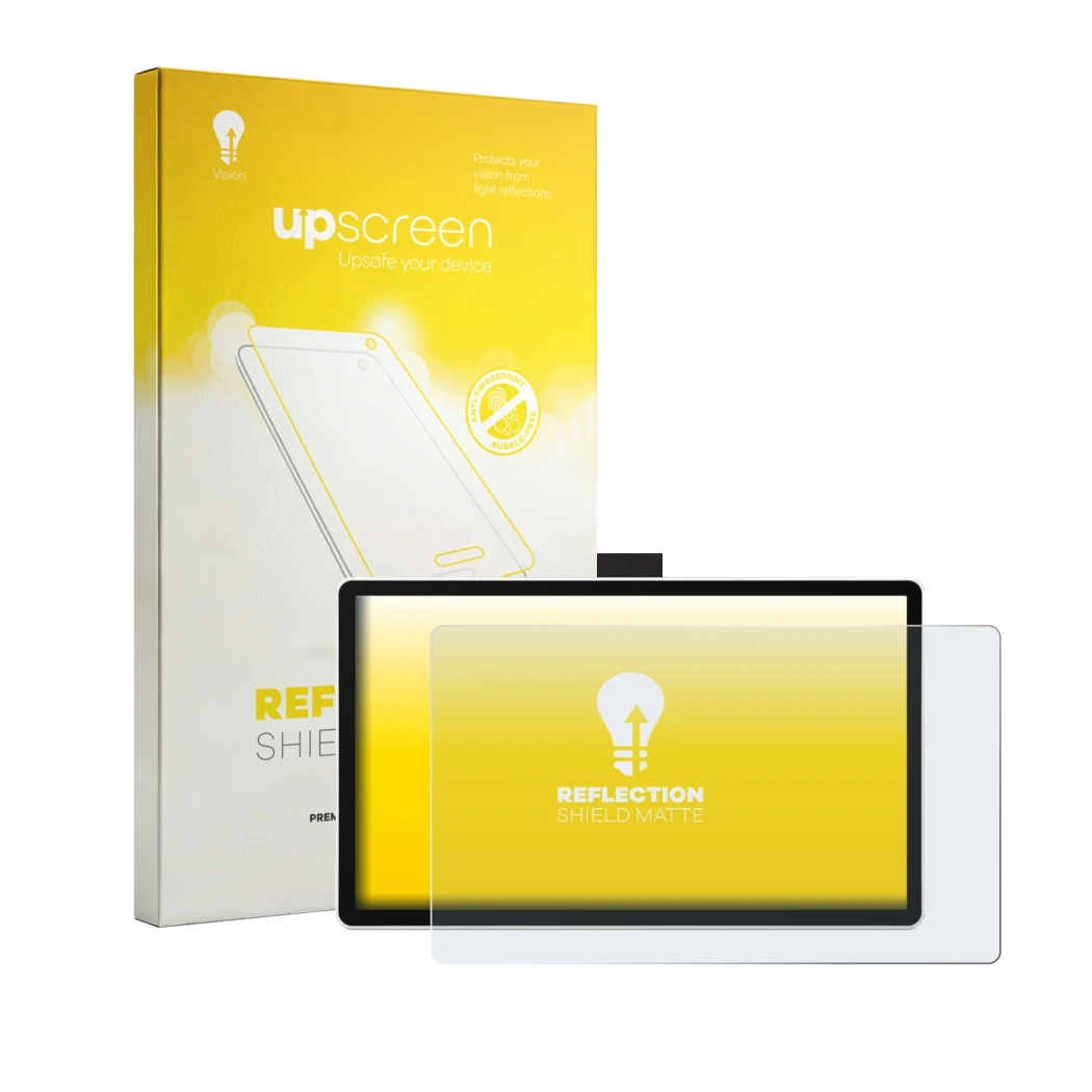 Parte frontale di una confezione del prodotto con il logo del marchio upscreen. Accanto è raffigurato il dispositivo Wacom One