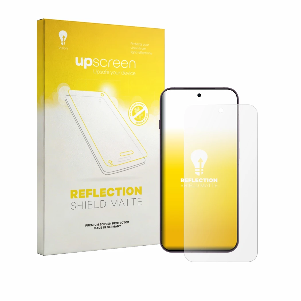 Parte frontale di una confezione del prodotto con il logo del marchio upscreen. Accanto è raffigurato il dispositivo Oppo Reno