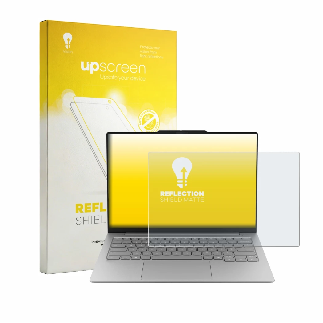 Parte frontale di una confezione del prodotto con il logo del marchio upscreen. Accanto è raffigurato il dispositivo Lenovo Th