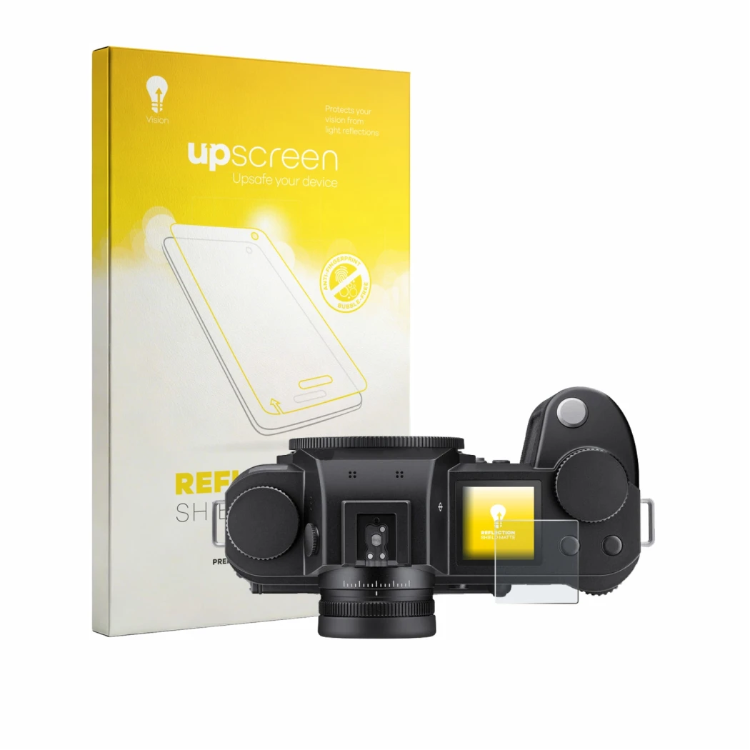 Parte frontale di una confezione del prodotto con il logo del marchio upscreen. Accanto è raffigurato il dispositivo Leica SL3