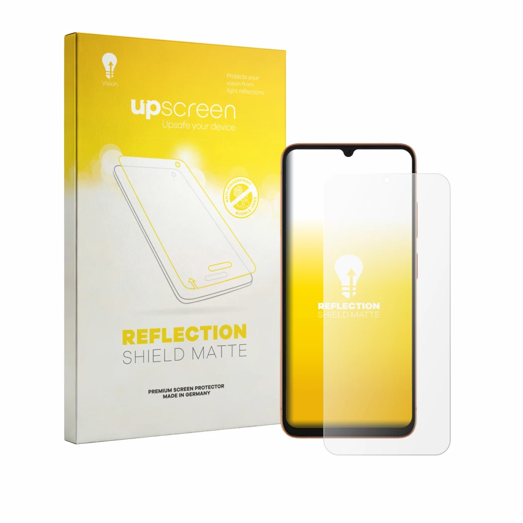 Parte frontale di una confezione del prodotto con il logo del marchio upscreen. Accanto è raffigurato il dispositivo Doogee No
