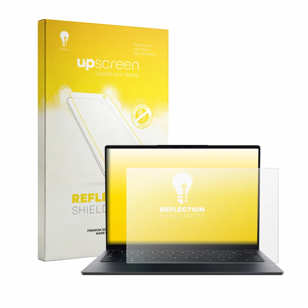 Parte frontale di una confezione del prodotto con il logo del marchio upscreen. Accanto è raffigurato il dispositivo Chuwi Uni