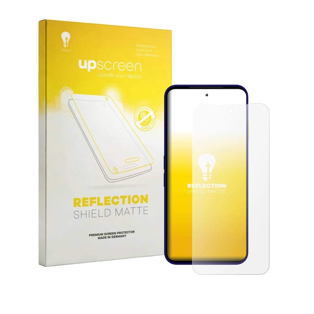 Parte frontale di una confezione del prodotto con il logo del marchio upscreen. Accanto è raffigurato il dispositivo Fairphone