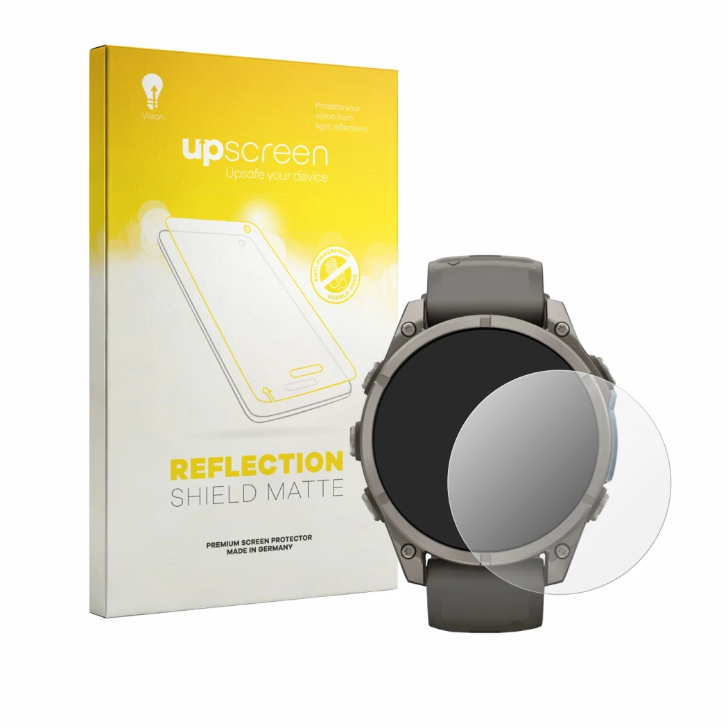 Parte frontale di una confezione del prodotto con il logo del marchio upscreen. Accanto è raffigurato il dispositivo Garmin Fe