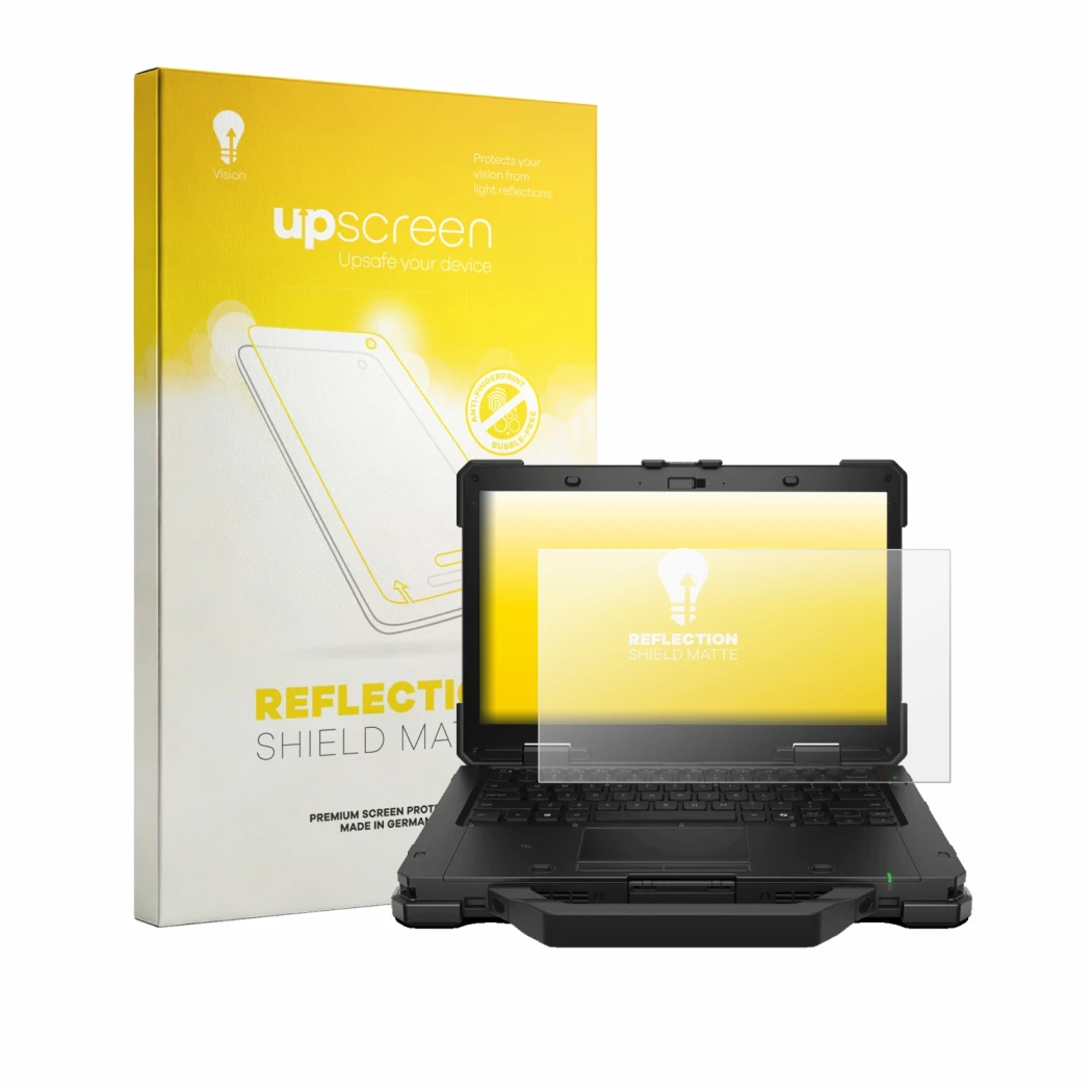 Parte frontale di una confezione del prodotto con il logo del marchio upscreen. Accanto è raffigurato il dispositivo Dell Pro