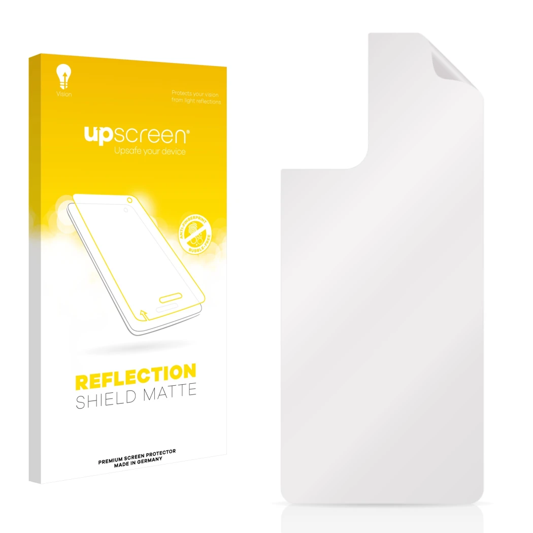 Parte frontale di una confezione del prodotto con il logo del marchio upscreen. Accanto si trova la protezione per lo schermo 