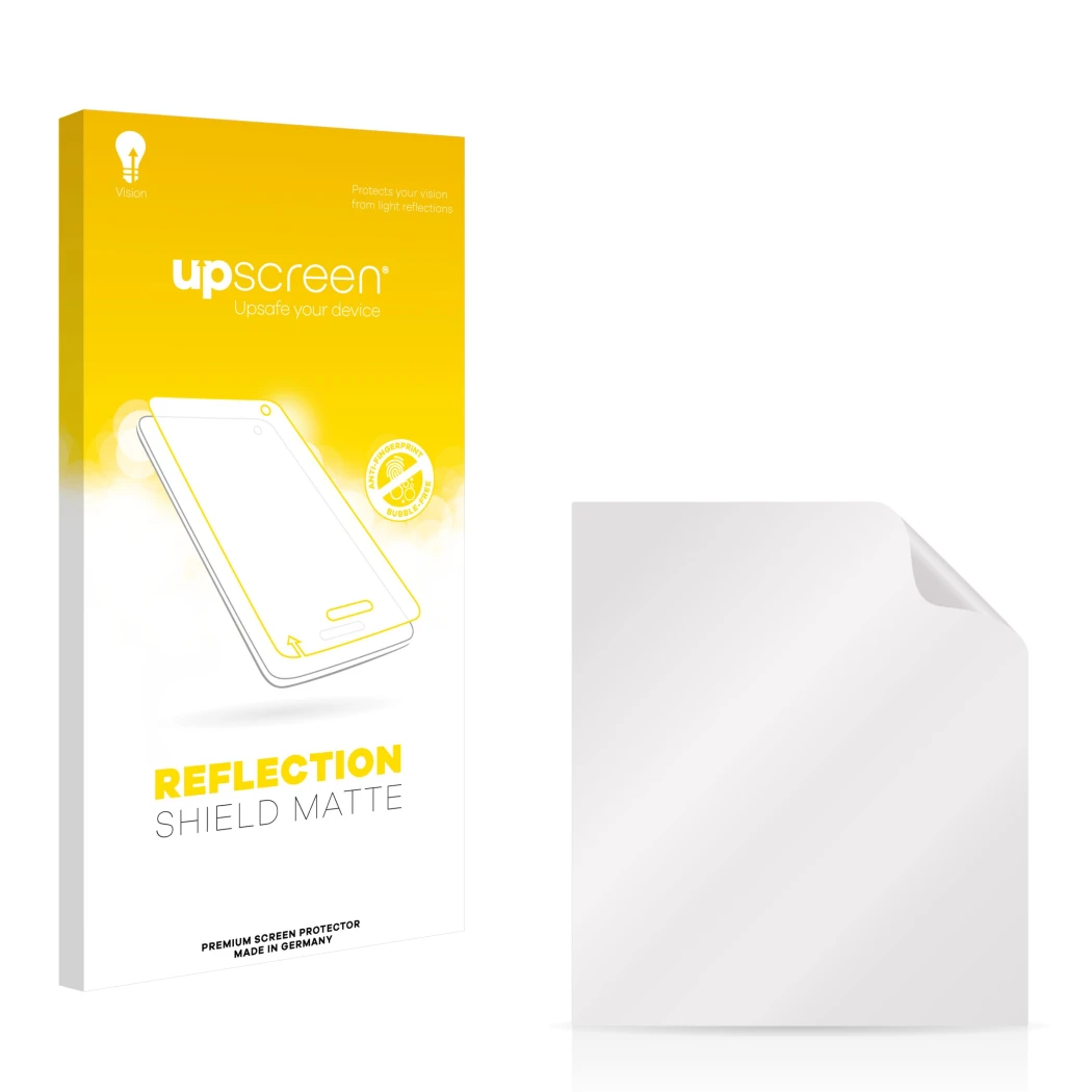 Parte frontale di una confezione del prodotto con il logo del marchio upscreen. Accanto si trova la protezione per lo schermo 