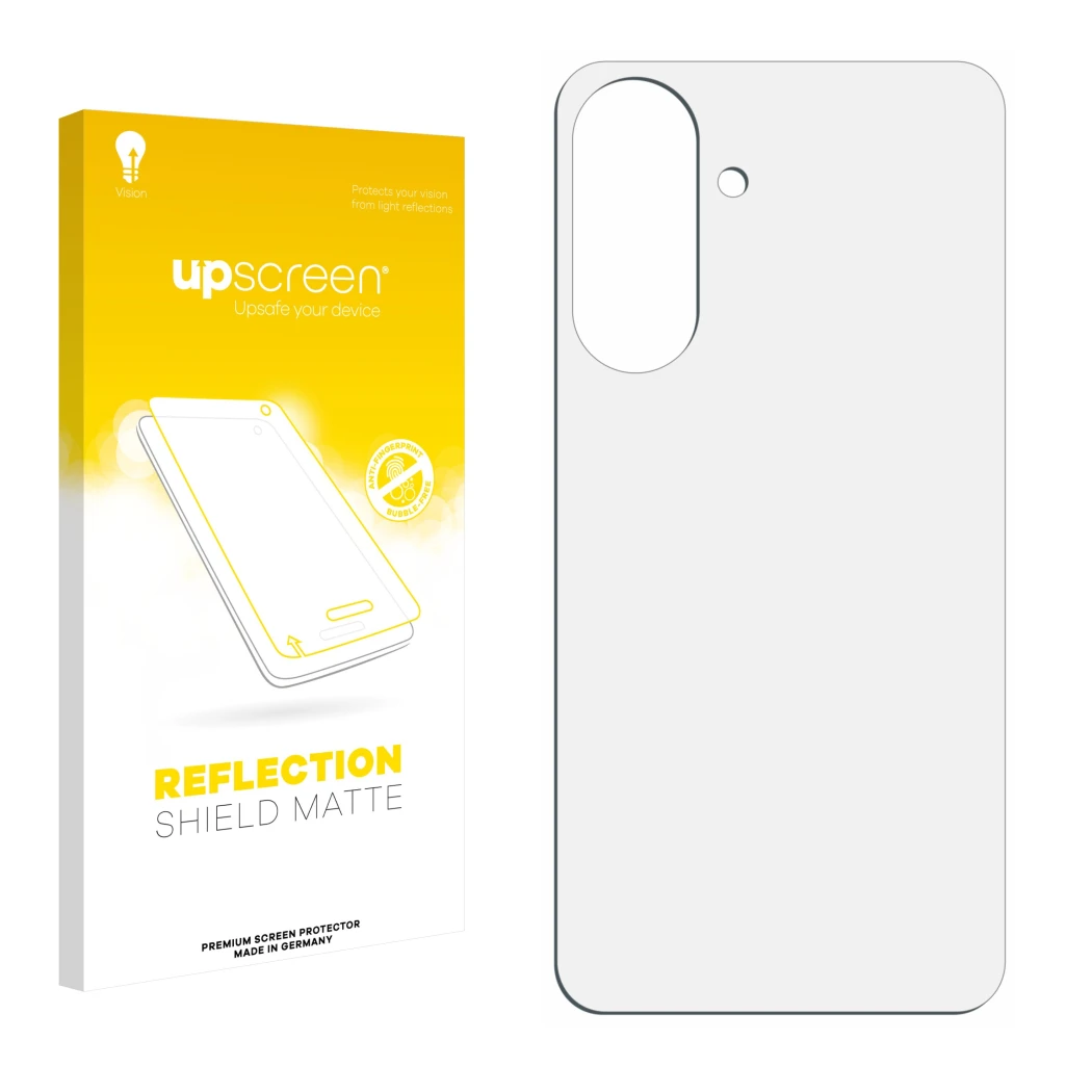 Parte frontale di una confezione del prodotto con il logo del marchio upscreen. Accanto si trova la protezione per lo schermo