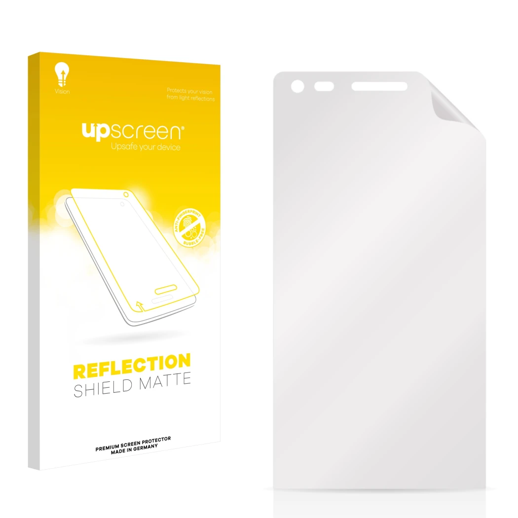 Parte frontale di una confezione del prodotto con il logo del marchio upscreen. Accanto si trova la protezione per lo schermo