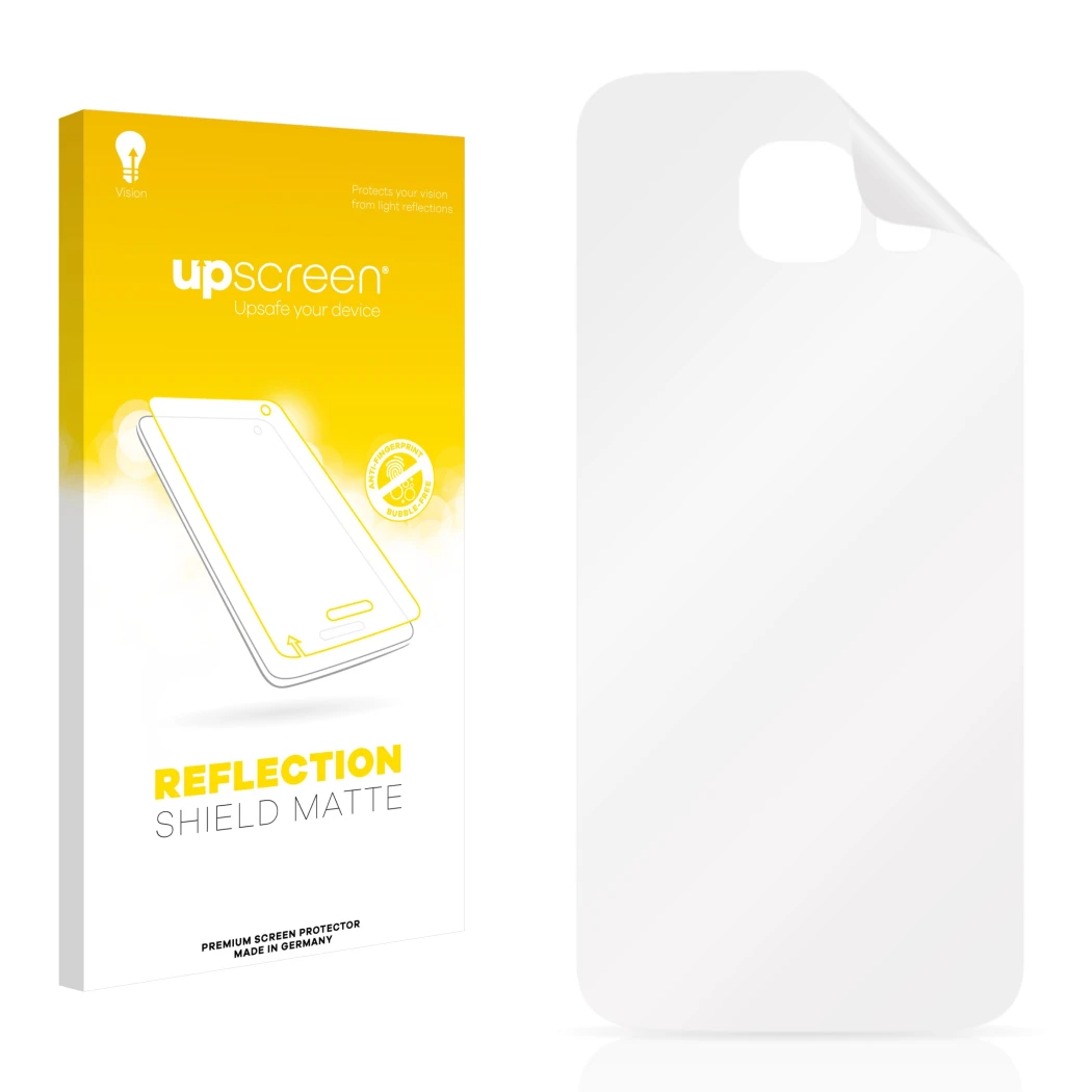 Parte frontale di una confezione del prodotto con il logo del marchio upscreen. Accanto si trova la protezione per lo schermo