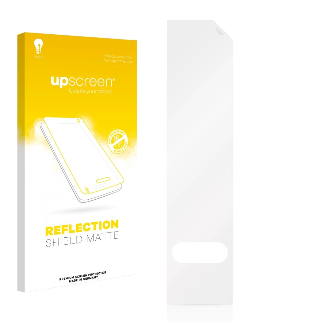 Parte frontale di una confezione del prodotto con il logo del marchio upscreen. Accanto si trova la protezione per lo schermo 