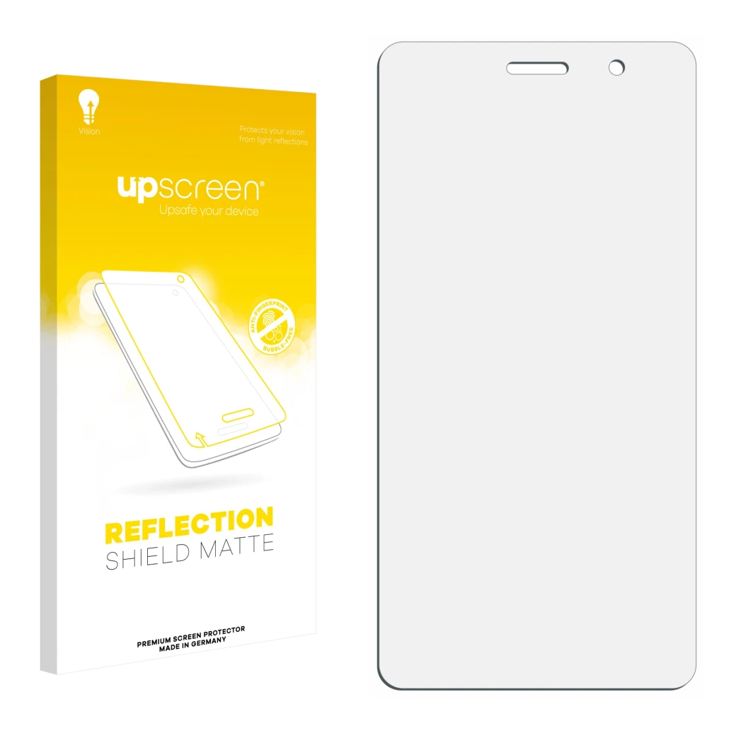 Parte frontale di una confezione del prodotto con il logo del marchio upscreen. Accanto si trova la protezione per lo schermo