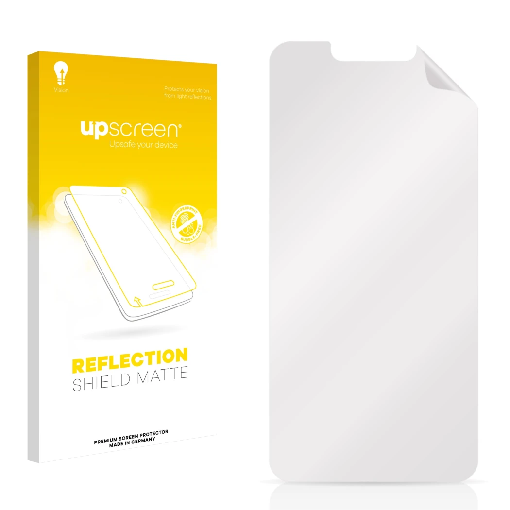 Parte frontale di una confezione del prodotto con il logo del marchio upscreen. Accanto si trova la protezione per lo schermo