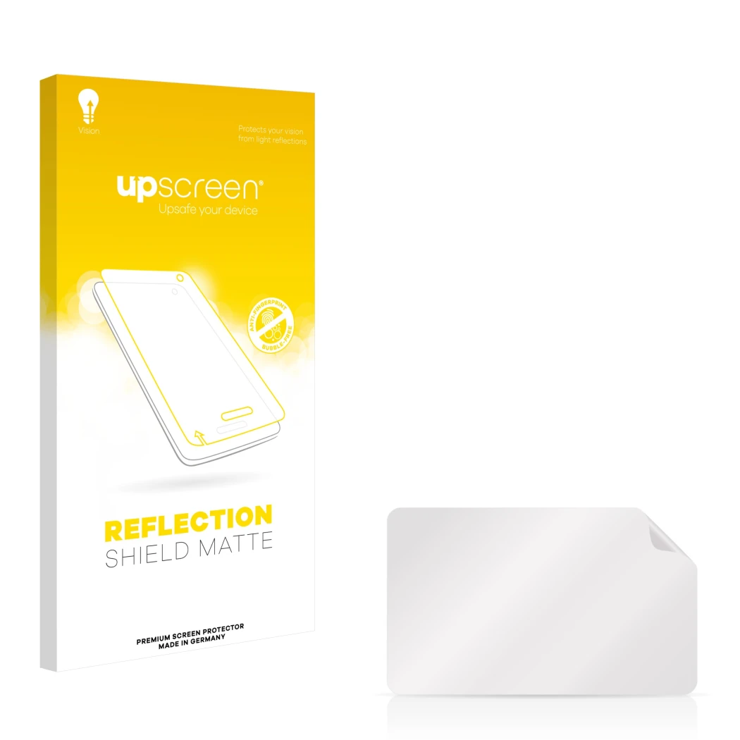 Parte frontale di una confezione del prodotto con il logo del marchio upscreen. Accanto si trova la protezione per lo schermo