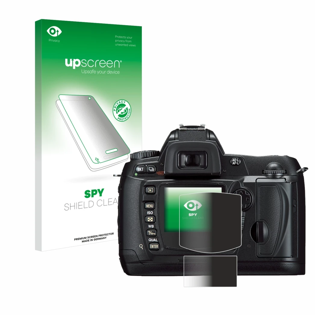 Parte frontale di una confezione del prodotto con il logo del marchio upscreen. Accanto è raffigurato il dispositivo Nikon D70