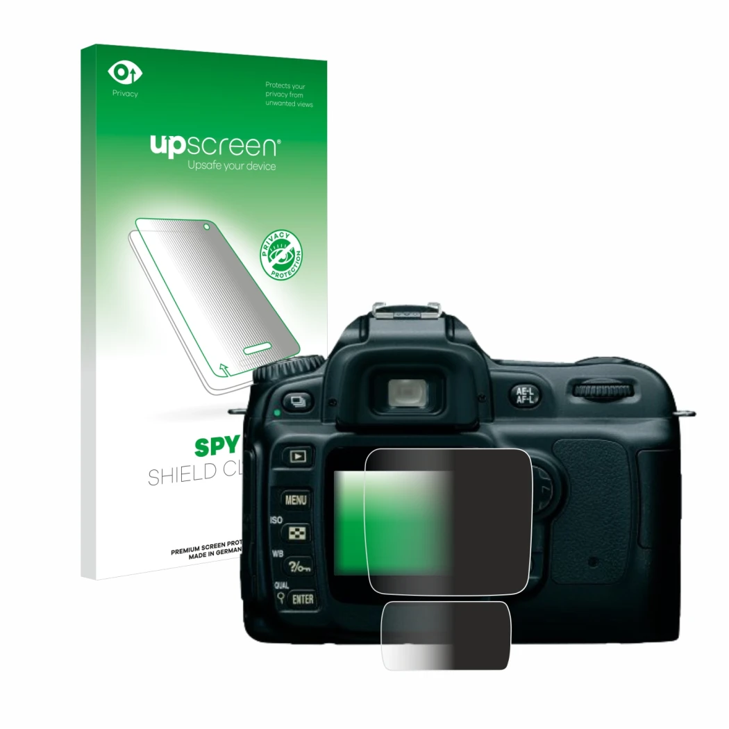 Parte frontale di una confezione del prodotto con il logo del marchio upscreen. Accanto è raffigurato il dispositivo Nikon D50