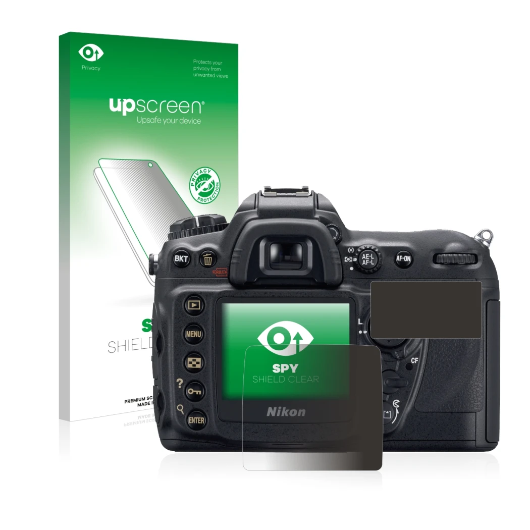 Parte frontale di una confezione del prodotto con il logo del marchio upscreen. Accanto è raffigurato il dispositivo Nikon D20