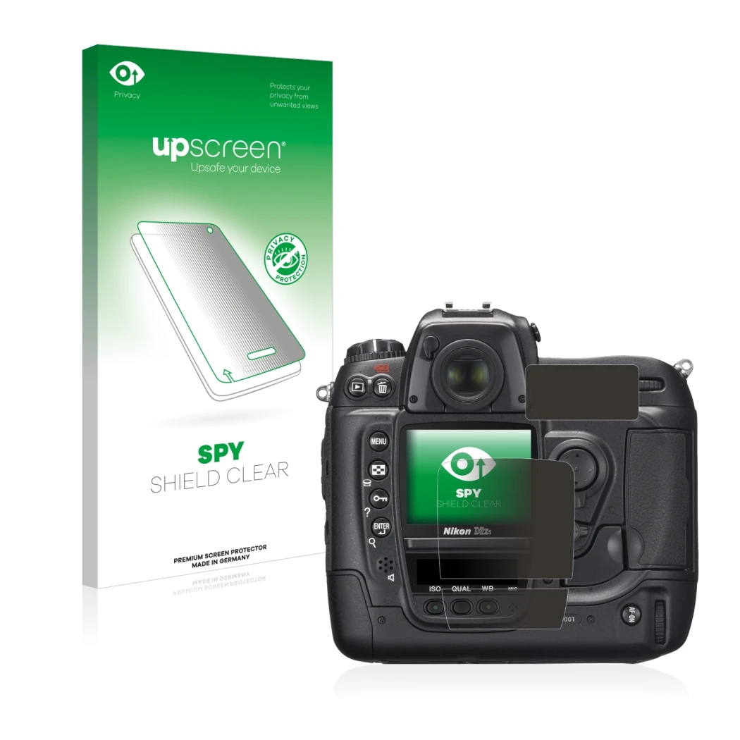 Parte frontale di una confezione del prodotto con il logo del marchio upscreen. Accanto è raffigurato il dispositivo Nikon D2X