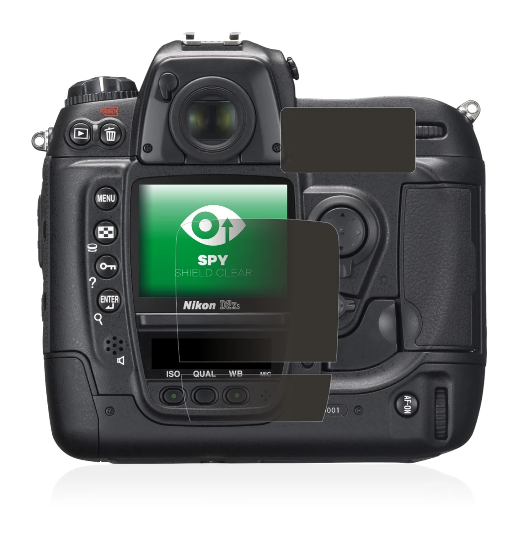 Immagine del dispositivo Nikon D2X con un'ampia varietà di protezioni per lo schermo.