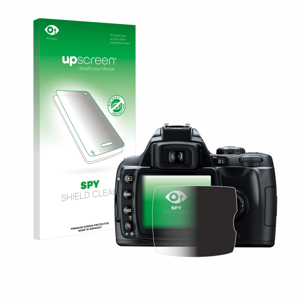 Parte frontale di una confezione del prodotto con il logo del marchio upscreen. Accanto è raffigurato il dispositivo Nikon D40