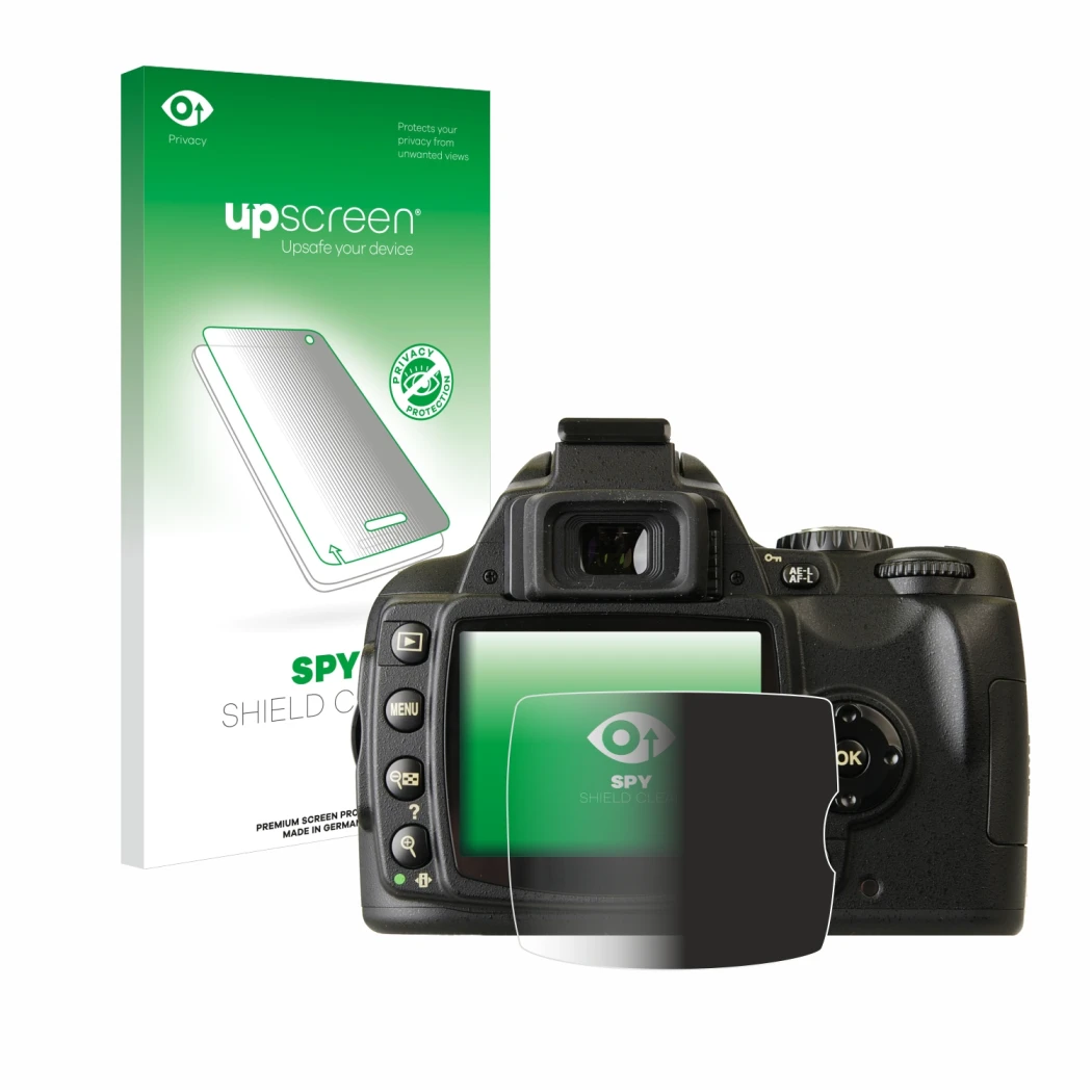 Parte frontale di una confezione del prodotto con il logo del marchio upscreen. Accanto è raffigurato il dispositivo Nikon D40
