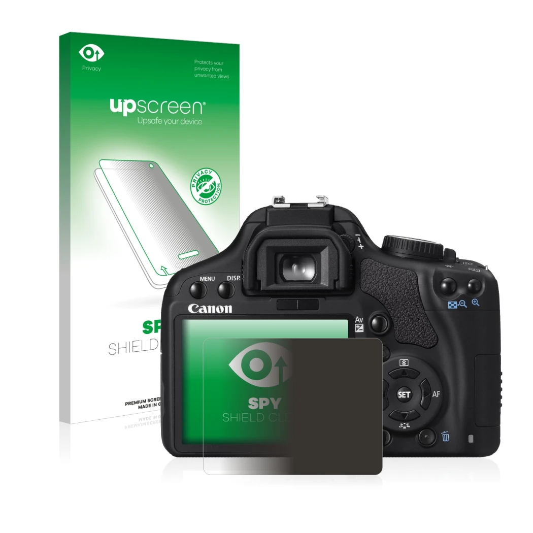 Parte frontale di una confezione del prodotto con il logo del marchio upscreen. Accanto è raffigurato il dispositivo Canon EOS