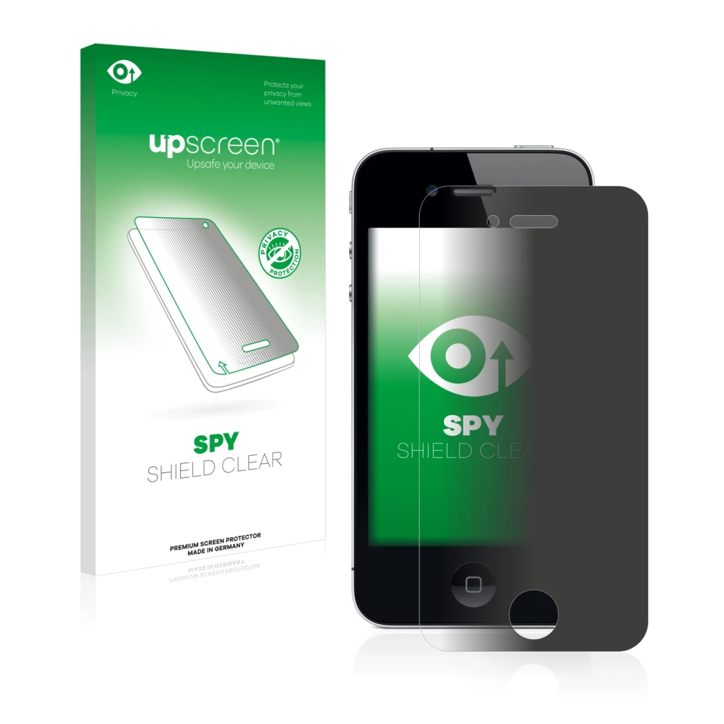 Parte frontale di una confezione del prodotto con il logo del marchio upscreen. Accanto è raffigurato il dispositivo Apple iPh