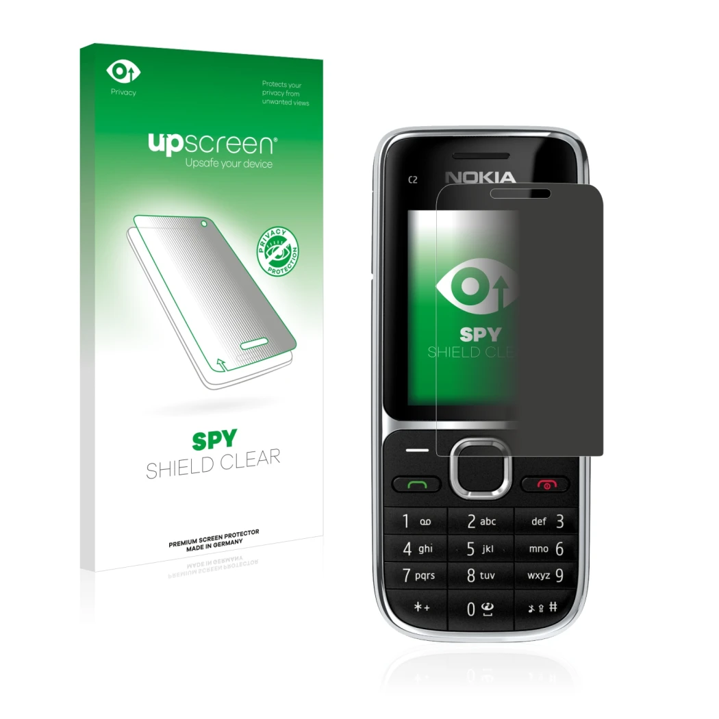 Parte frontale di una confezione del prodotto con il logo del marchio upscreen. Accanto è raffigurato il dispositivo Nokia C2-