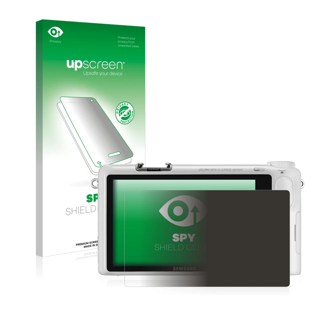 Parte frontale di una confezione del prodotto con il logo del marchio upscreen. Accanto è raffigurato il dispositivo Samsung N