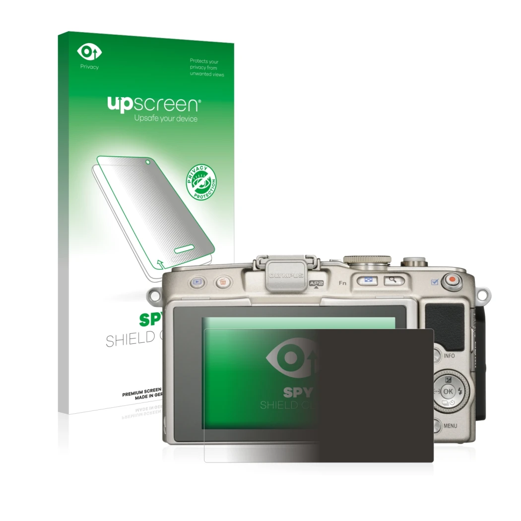 Parte frontale di una confezione del prodotto con il logo del marchio upscreen. Accanto è raffigurato il dispositivo Olympus P
