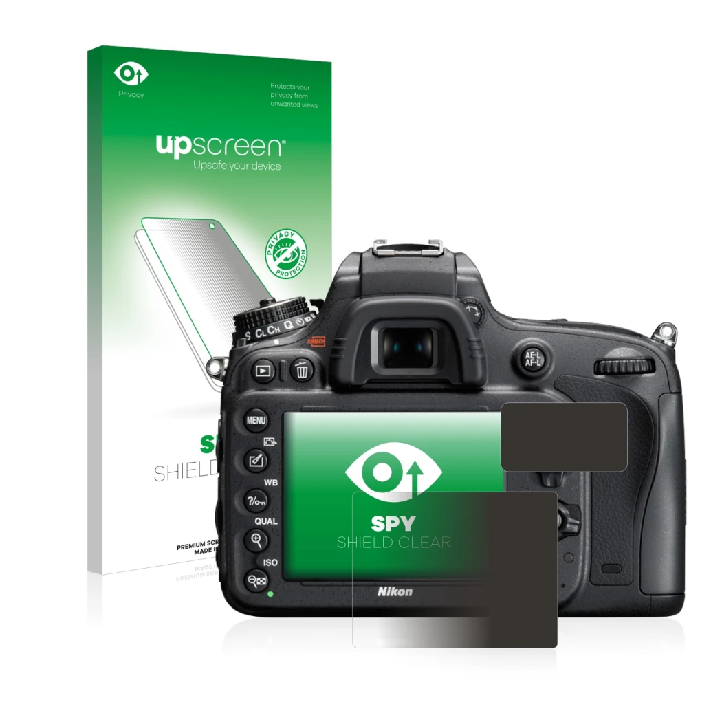 Parte frontale di una confezione del prodotto con il logo del marchio upscreen. Accanto è raffigurato il dispositivo Nikon D61