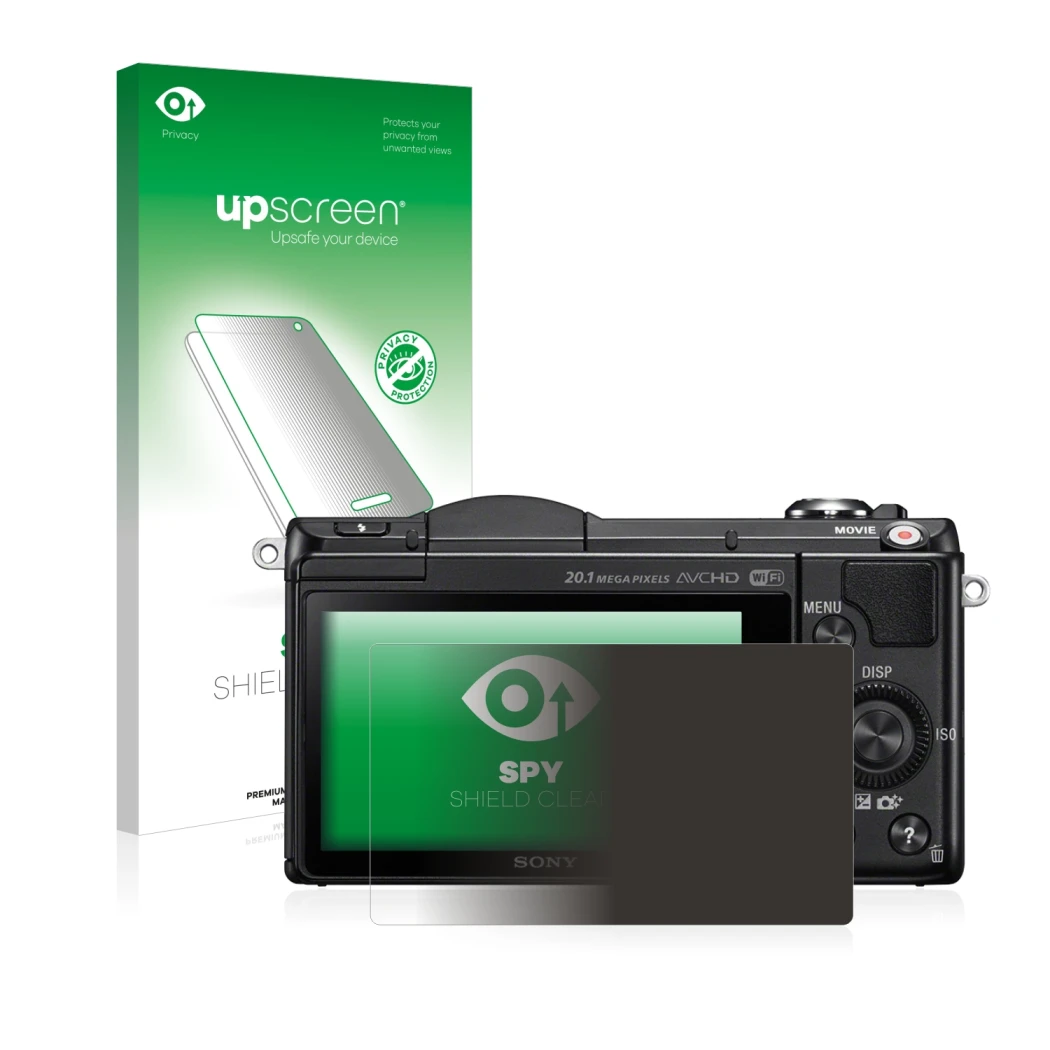 Parte frontale di una confezione del prodotto con il logo del marchio upscreen. Accanto è raffigurato il dispositivo Sony Alph